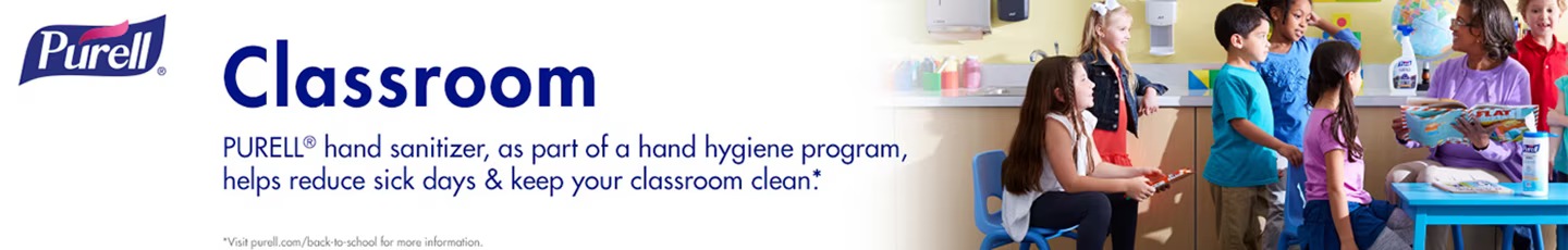 Classroom Purell® hand sanitizer, as part of a hand hygiene program, helps reduce sick days & keep your classroom clean.* Visit purell.com/back-to-school for more information.