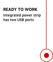 READY TO WORK Integrated power strip has two USB ports