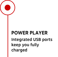 POWER PLAYER Integrated USB ports keep you fully charged