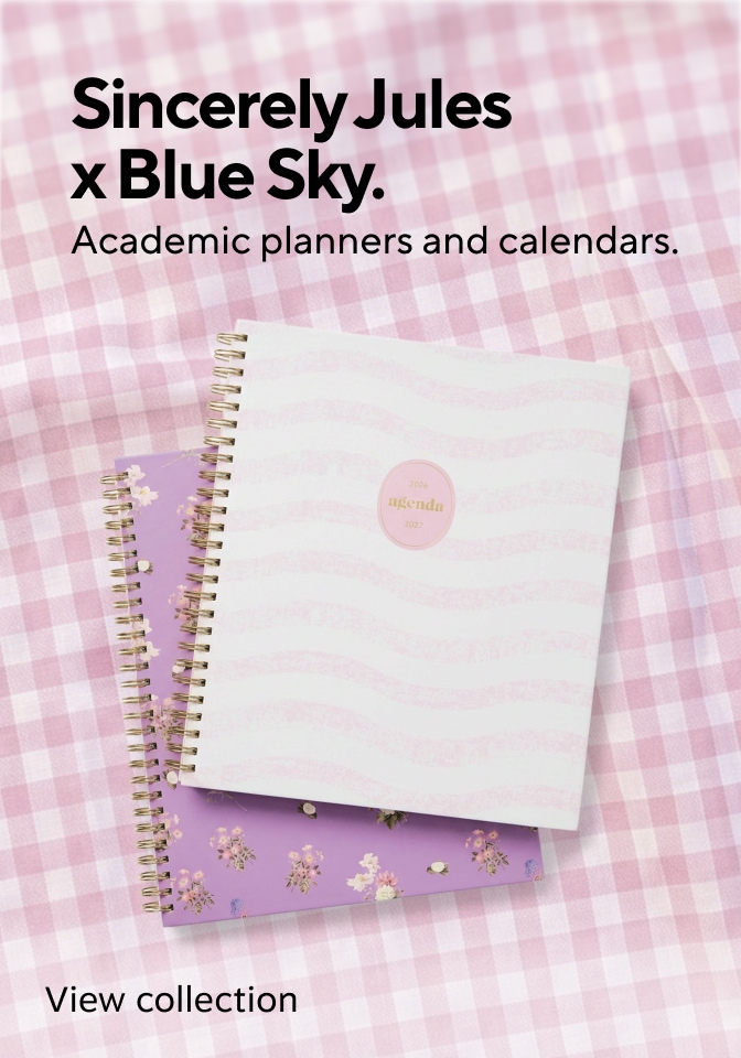 Sincerely Jules x Blue Sky. Academic planners and calendars. Image shows two spiral-bound academic planners with soft pastel designs layered on a pink gingham background. View collection.