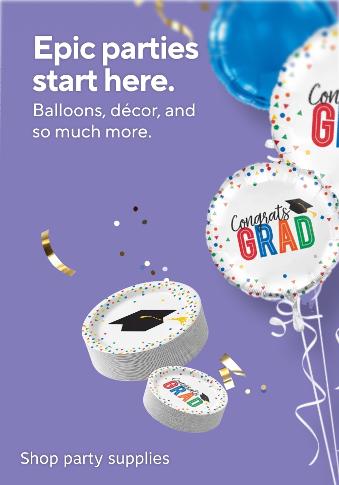 Epic parties start here. Balloons, décor, and so much more. Purple background with graduation-themed party supplies including round foil balloons reading congrats grad with graduation caps, blue balloons, stacks of grad-themed paper plates, and gold confetti. Shop party supplies.