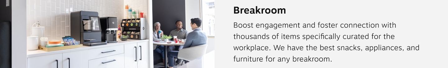 Breakroom. Boost Engagement and fosters connection with thousands of items specifically curated for the workplace. We have the best snacks, appliances, and furniture for any breakroom.