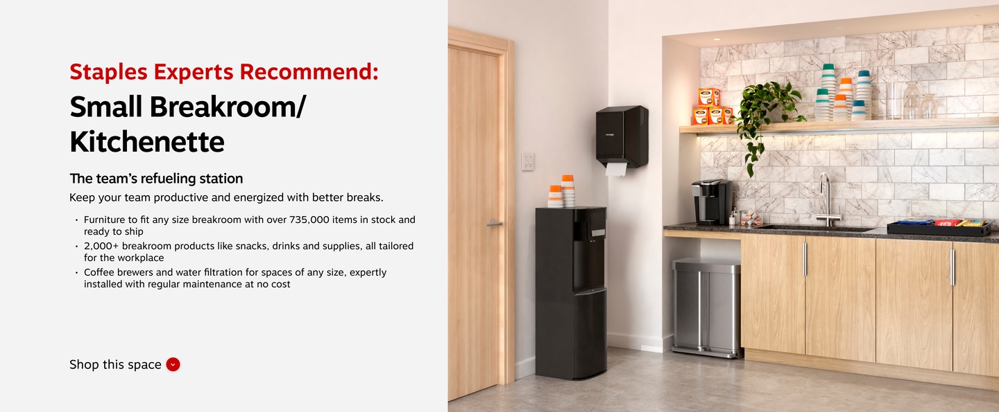 Staples Experts Recommend: Small Breakroom/Kitchenette. The team's refueling station. Keep your team productive and energized with better breaks. Furniture to fit any size breakroom with over 735,000 items in stock and ready to ship. 2,000+ breakroom products like snacks, drinks and supplies, all tailored for the workplace. Coffee brewers and water filtration suited for every setting expertly installed with regular maintance all at no cost.