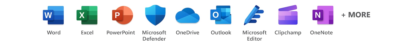 Word, Excel, PowerPoint, Microsoft Defender, OneDrive, Outlook, Microsoft Editor, Clipchamp, OneNote +MORE