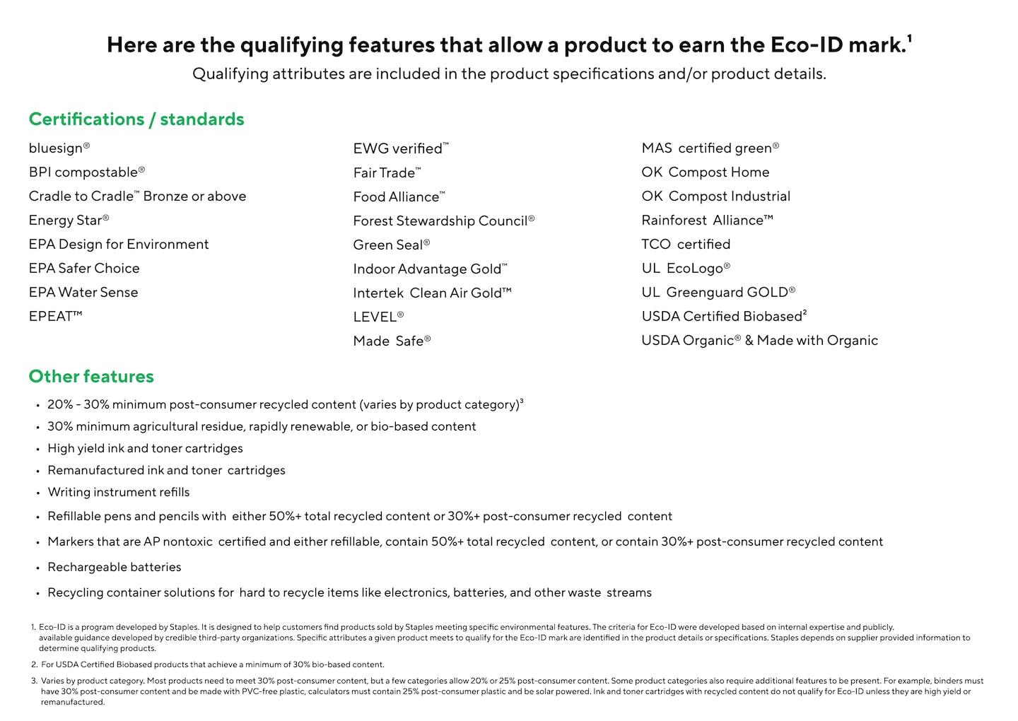 Here are the qualifying features that allow a product to earn the Eco-ID mark. Qualifying attributes are included in the product specifications and/or product details. Certifications / standards • bluesign® • BPI compostable® • Compost Manufacturing Alliance • Cradle to Cradle™ Bronze or above • Energy Star® • EPA Design for Environment • EPA Safer Choice • EPA Water Sense • EPEAT™ • EWG verified™ • Fair Trade™ • Food Alliance™ • Forest Stewardship Council® • Green Seal® • Indoor Advantage Gold™ • Intertek Clean Air Gold™ • LEVEL® • Made Safe® • MAS certified green® • OK Compost Home • OK Compost Industrial • Rainforest Alliance™ • TCO certified • UL EcoLogo® • UL Greenguard GOLD® • USDA Certified Biobased • USDA Organic® & Made with Organic Other features • 20% to 30% minimum post-consumer recycled content (varies by product category) • 30% minimum agricultural residue, rapidly renewable, or bio-based content • high yield ink and toner cartridges • remanufactured ink and toner cartridges • writing instrument refills • refillable pens and pencils with either 50%+ total recycled content or 30%+ post-consumer recycled content • markers that are AP nontoxic certified and either refillable, contain 50%+ total recycled content, or contain 30%+ post-consumer recycled content • rechargeable batteries • recycling container solutions for hard to recycle items like electronics, batteries, and other waste streams Eco-ID is a program developed by Staples. It is designed to help customers find products sold by Staples meeting specific environmental features. The criteria for Eco-ID were developed based on internal expertise and publicly available guidance developed by credible third-party organizations. Specific attributes a given product meets to qualify for the Eco-ID mark are identified in the product details or specifications. Staples depends on supplier provided information to determine qualifying products. For USDA Certified Biobased products that achieve a minimum of 30% bio-based content. Varies by product category. Most products need to meet 30% post-consumer content, but a few categories allow 20% or 25% post-consumer content. Some product categories also require additional features to be present. For example, binders must have 30% post-consumer content and be made with PVC-free plastic, calculators must contain 25% post-consumer plastic and be solar powered. Ink and toner cartridges with recycled content do not qualify for Eco-ID unless they are high yield or remanufactured.