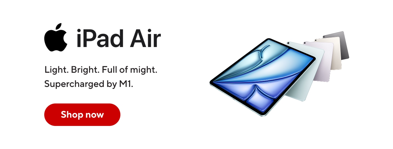 iPad Air. Light. Bright. Full of might. Supercharged by M1. Shop now.