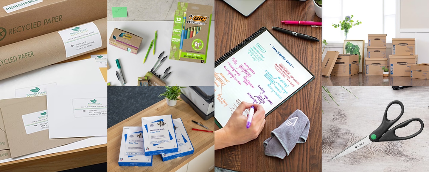 Eco-friendly supplies. Image of recycled labels on shipping boxes. Image of scissors. Image of copy paper, mechanical pencils, notebooks, and moving boxes.