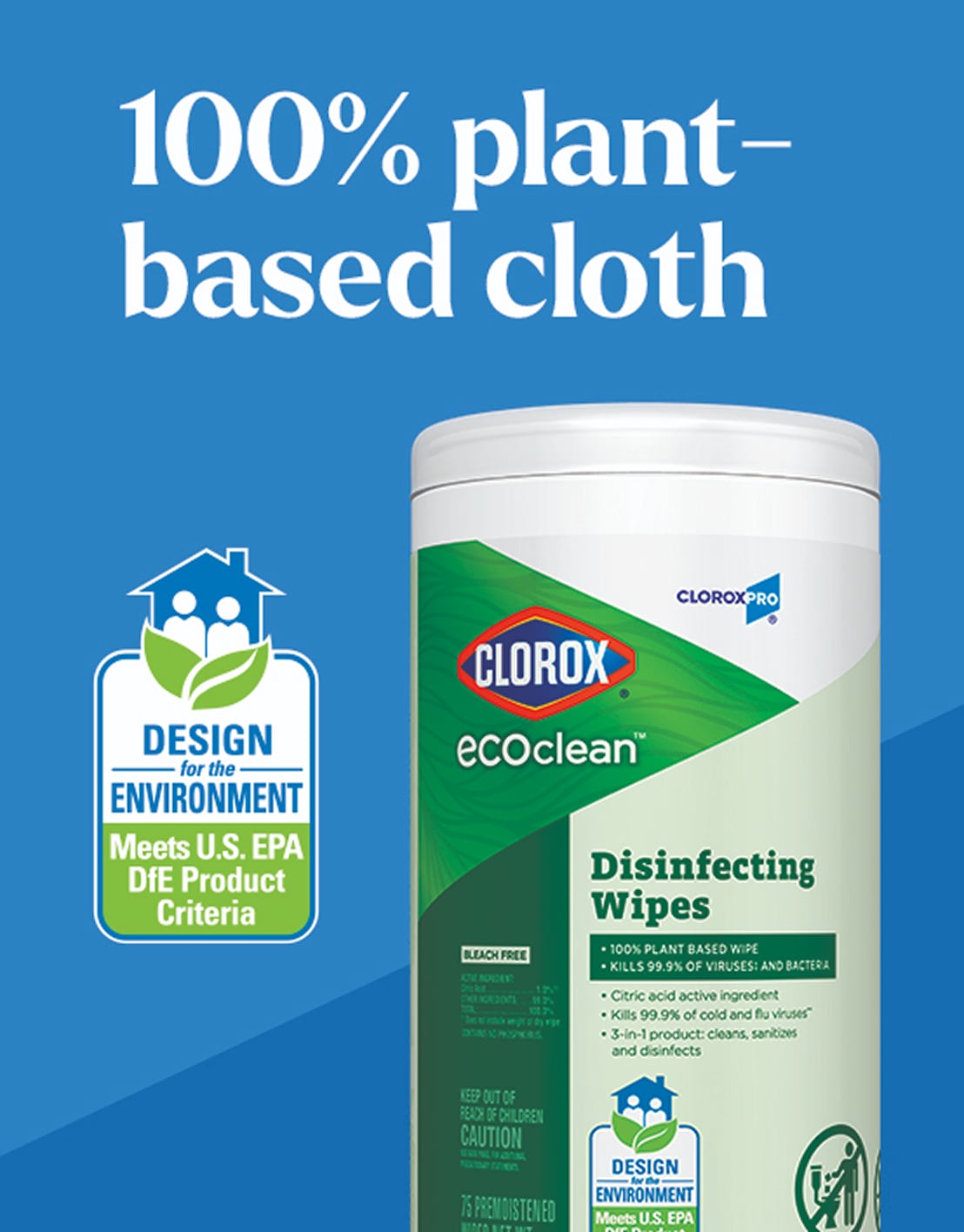 100% plant-based cloth DESIGN for the ENVIRONMENT Meets U.S. EPA DfE Product Criteria Clorox ecoclean Disinfecting Wipes