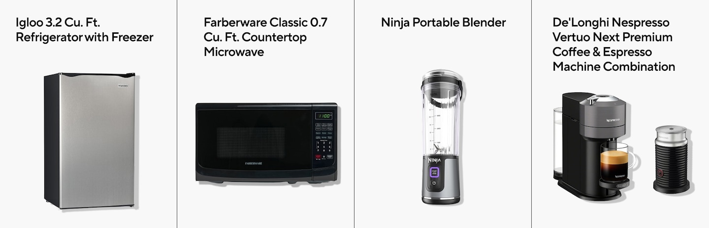 Igloo 3.2 Cu. Ft. Refrigerator with Freezer. Farberware Classic 0.7 Cu. Ft. Countertop Microwave. Ninja Portable Blender. De'Longhi Nespresso Vertuo Next Premium Coffee & Espresso Machine Combination
