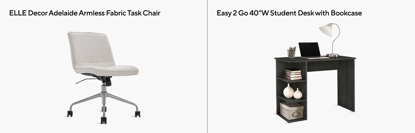 ELLE Decor Adelaide Armless Fabric Task Chair. Easy 2 Go 40"W Student desk with Bookcase.