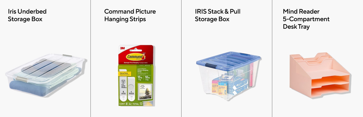 Iris Underbed Storage Box. Command Picture Hanging Strips. Iris Stack & Pull Storage Box. Mind Reader 5-COmpartment Desk Tray.