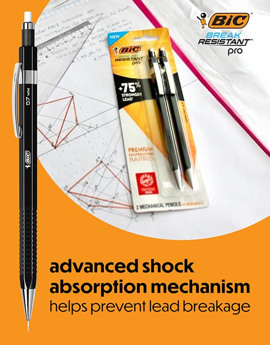 BİC® Break Resistant™ Pro advanced shock absorption mechanism helps prevent lead breakage