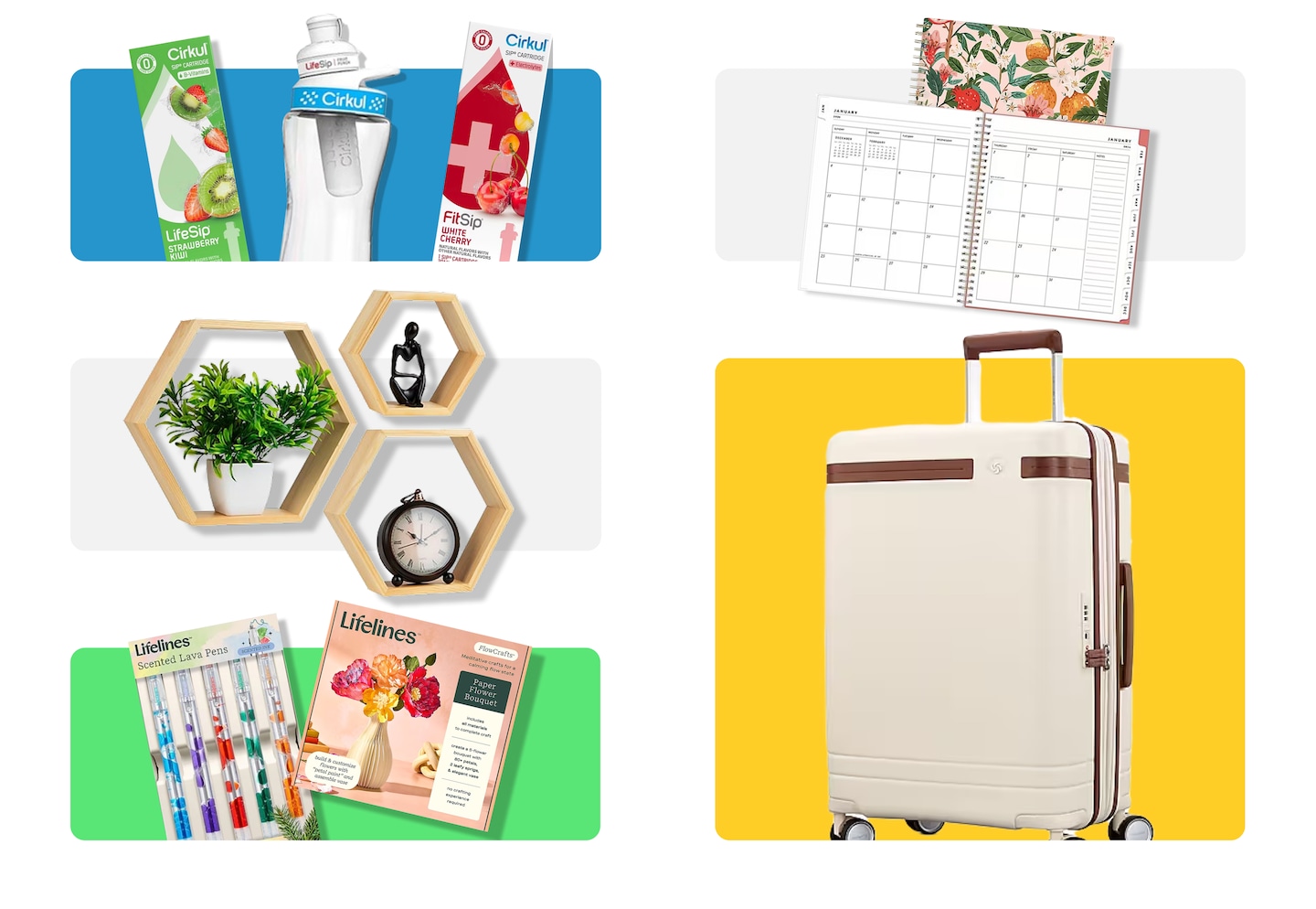 Water bottle and flavor cartridges, wall decor with fake plant and shelving, diffuser pens, planner, and suitcase