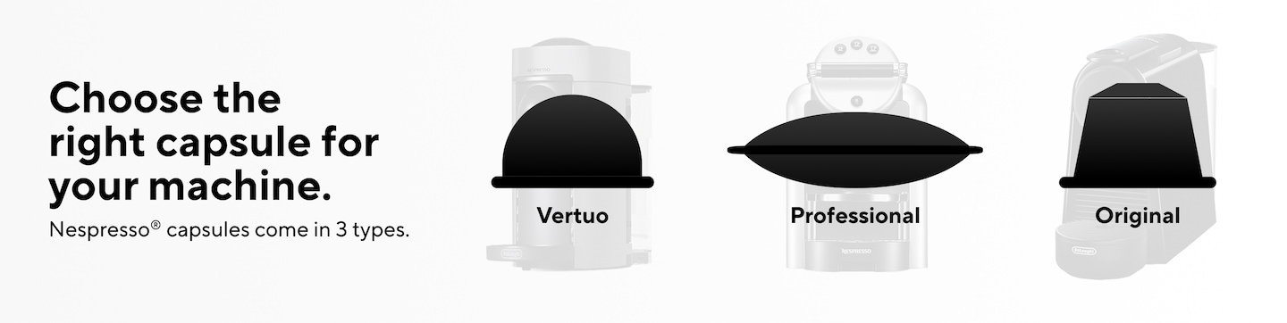 Choose the right capsule for your machine. Nespresso capsules come in 3 types. Vertuo. Professional. Original.