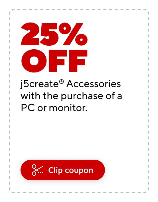 25% off j5create accessories with the purchase of a PC or monitor. Clip coupon.