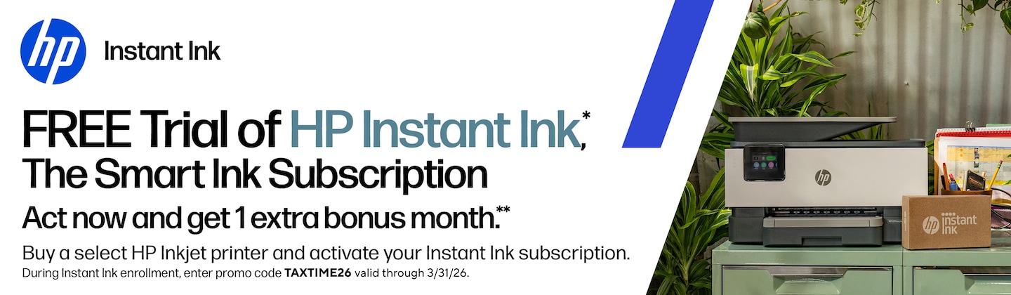 HP instant ink. FREE trial of HP Instant Ink, the smart ink subscription. Act now and get 1 extra bonus month. Buy a select HP printer and activate your instant ink subscription. During instant ink enrollement, enter promo code TAXTIME26 valid through 3/31/26.