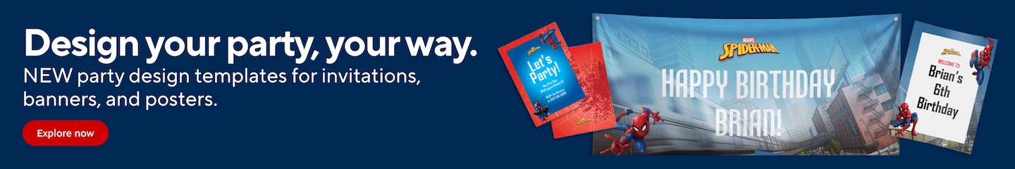 Design your party, your way. New party design templates for invitations, banners, and posters. Explore now. Spider-Man themed party design examples including a Happy Birthday banner and customizable invitations.
