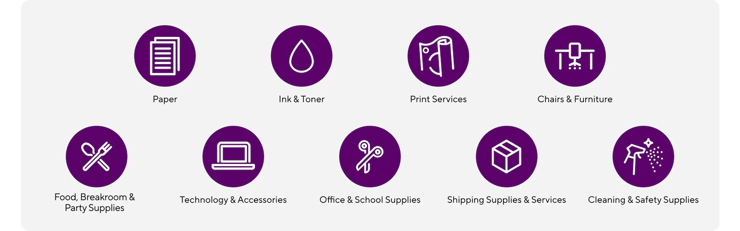 paper, ink & toner, Print services, chairs & furniture, food & breakroom, technology & accessories, office & school supplies, Shipping Supplies & Services, Cleaning & safety supplies