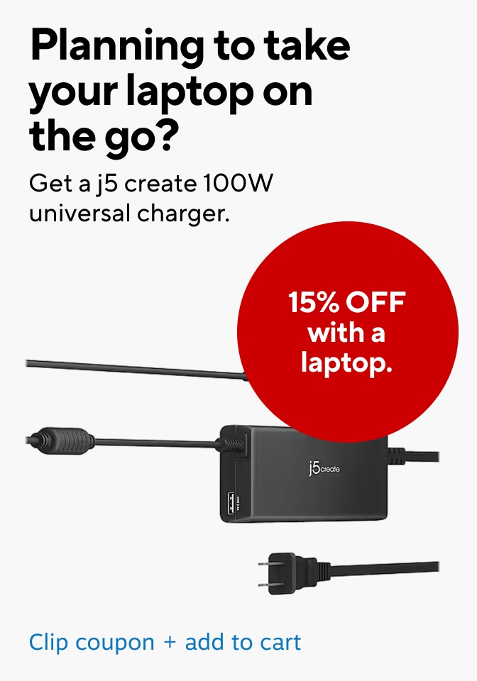Planning to take your laptop on the go? Get a j5create 100W universal charger. 15% off with a laptop. Clip coupon + add to cart.