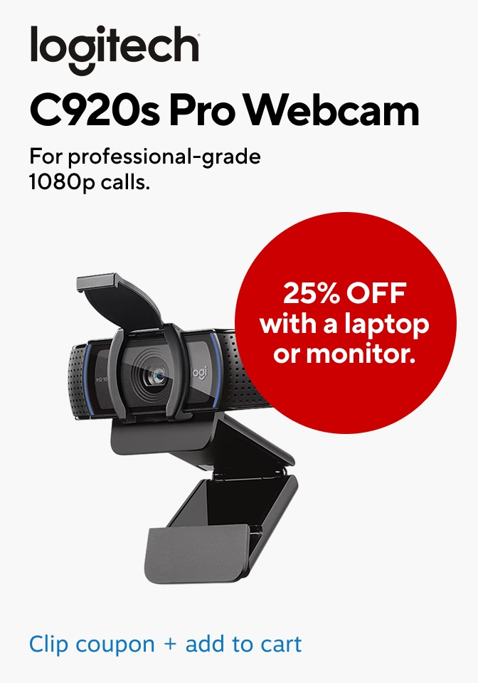 Logitech C920s Pro Webcam for professional-grade 1080p calls. 25% off with a laptop or monitor. Clip coupon + add to cart.