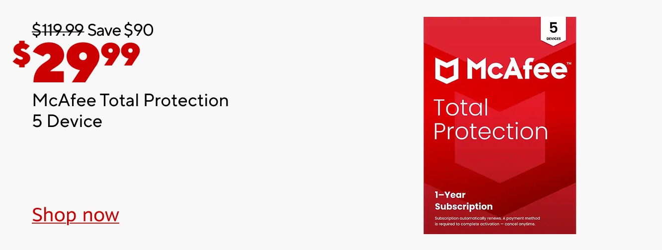 $29.99 save $90 was $119.99 McAfee Total Protection 5 Device. Shop now.