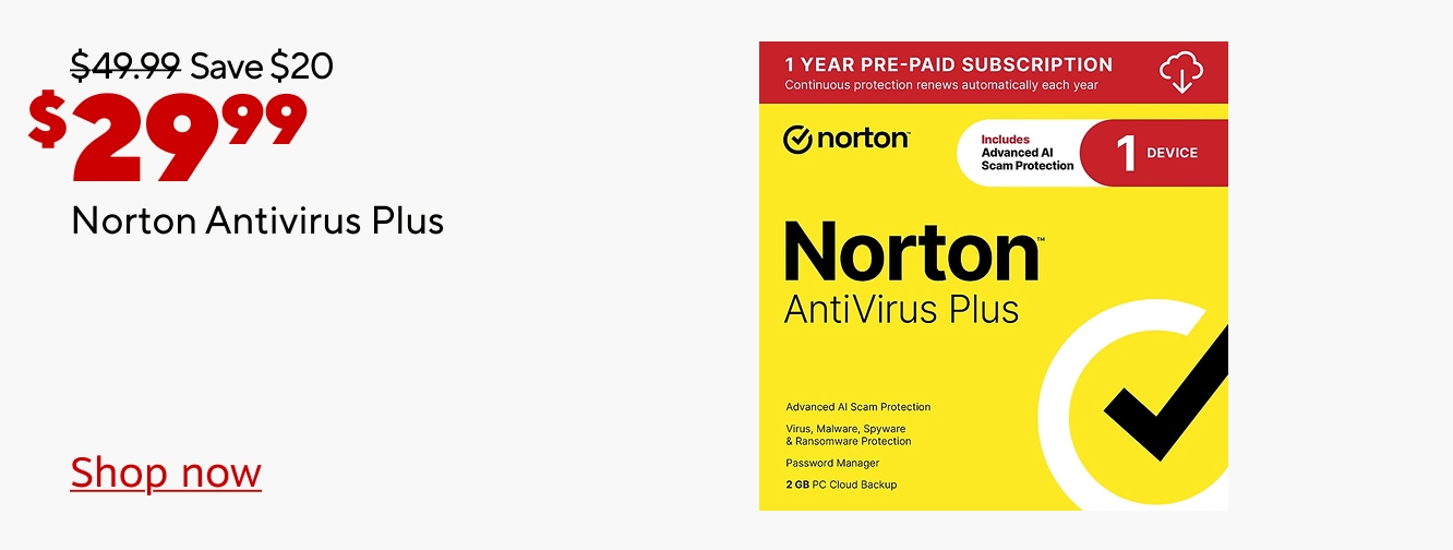 $29.99 save $20. was $49.99. Norton antivirus plus. Shop now.