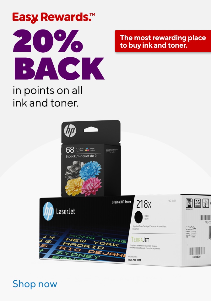 Easy Rewards. 20 percent BACK in points on all ink and toner. the most rewarding place to buy ink and toner. shop now