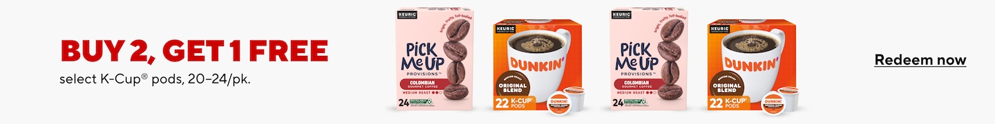 Buy two, get one free on select K-Cups 20-24 count K-Cup packs. Redeem now.