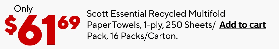 Only $61.69, Scott Essential Recycled Multifold Paper Towels, 1 Ply, 250 Sheets per Pack, 16 Packs per Carton. Add to cart.