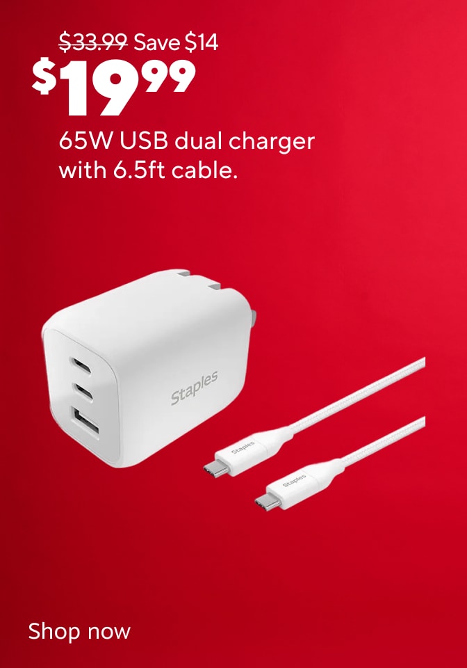 $19.99 save $14 was $33.99 65W USB dual charger with 6.5ft cable. Shop now.