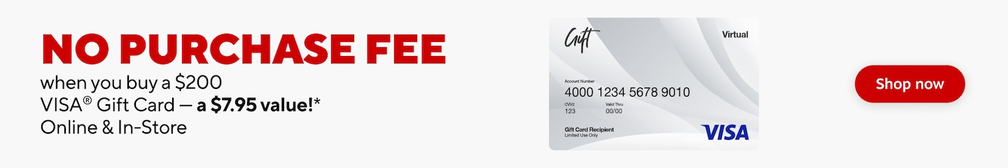 No purchase fee when you buy a $200 Visa gift card. a $7.95 value. Available online and in store. Shop now.