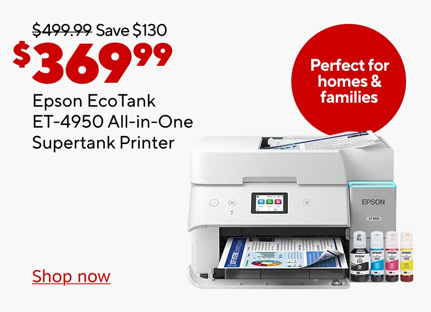 Was 499.99. Save 130. 369.99 Epson EcoTank ET4950 All in One Supertank Printer. Perfect for homes & families. Shop now.