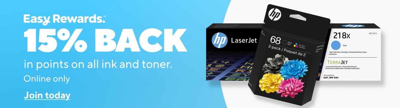 Easy Rewards. 15% BACK in points on all ink and toner. Online only. Join today.