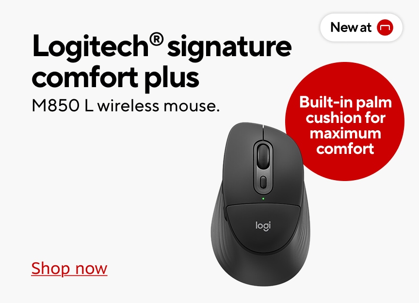 New at staples. Logitech signature comfort plus. M850 L wireless mouse. Built in palm cushion for maximum comfort. Shop now