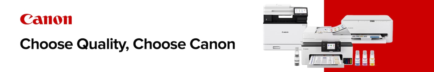 Canon printer lineup banner with Choose Quality Choose Canon headline featuring multiple Canon printers printing documents and photos with ink bottles displayed and shop now call to action