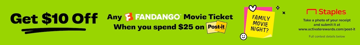 Get $10 off any fandango movie ticket when you spend $25 on post it