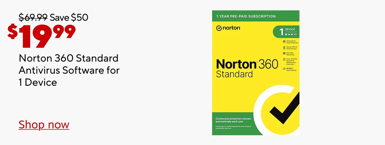 $69.99 save $50. was $19.99. Norton 360 standard antivirus software for 1 device. Shop now.