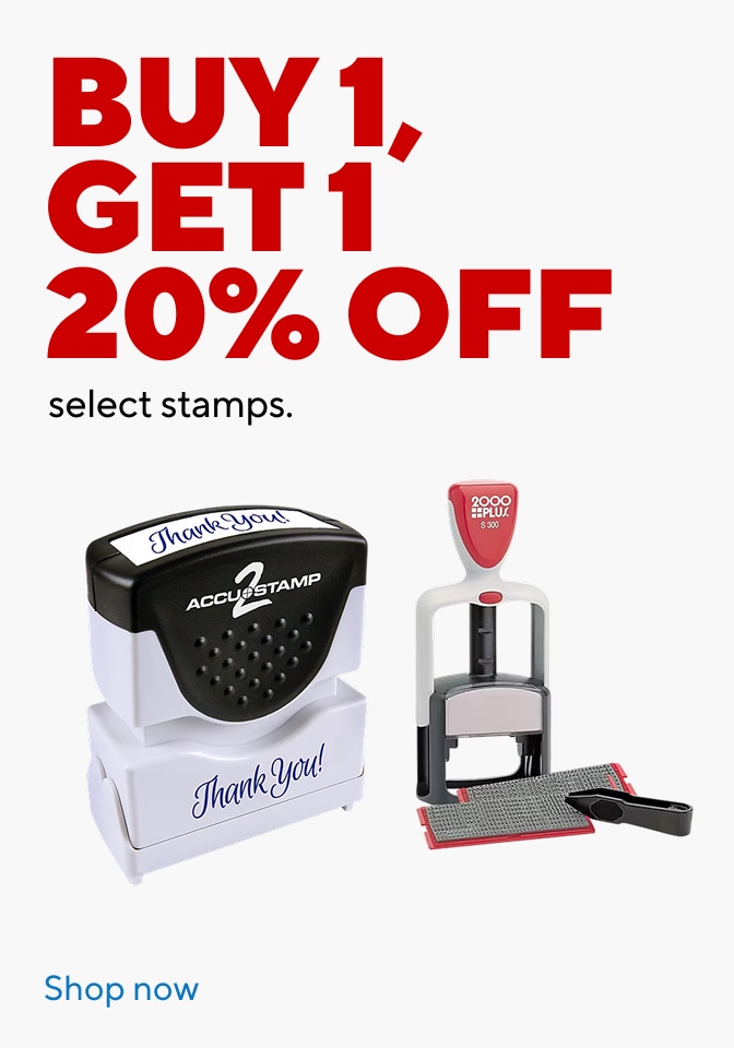 buy 1, get 1 20% off select stamps shop now