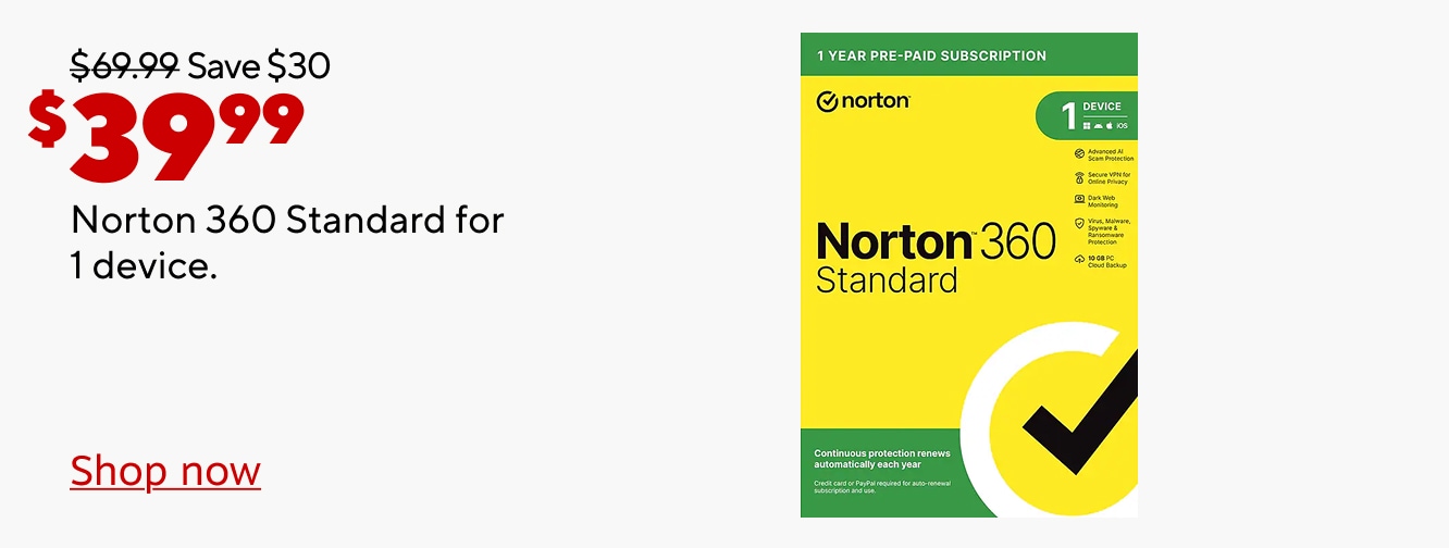 $69.99 Save $30 Now $39.99 on Norton 360 standard for 1 device. Shop now.