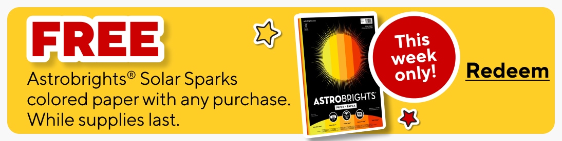 Free. Astrobrights Solar Sparks colored paper with any purchase. While supplies last. This week only! Redeem now