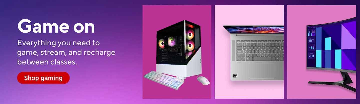 Game on. Everything you need to game, stream, and recharge between classes. Shop gaming. Featured products include a gaming desktop computer with RGB lighting, a gaming laptop, and a curved gaming monitor.