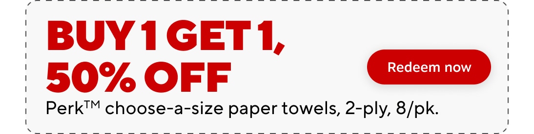 Buy 1 get 1, 50 percent off. Perk choose a size paper