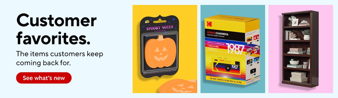 Customer favorites. The items customers keep coming back for. Featured images include Halloween pumpkin-shaped sticky notes, a Kodak instant camera gift set, and a wooden bookcase. See what's new.