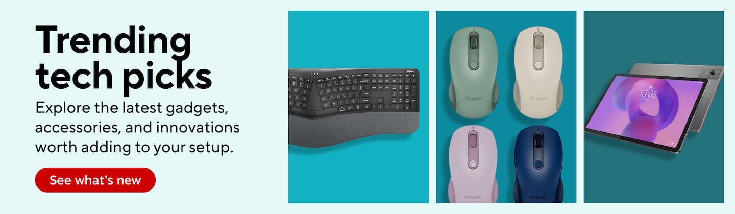 Trending tech picks. Explore the latest gadgets, accessories, and innovations worth adding to your setup. Featured images include an ergonomic keyboard, colorful wireless computer mice, and a tablet device. See what's new.