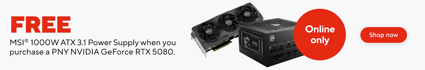 FREE MSI 1000W ATX 3.1 Power Supply when you purchase a PNY NVIDIA Geforce RTX 5080. Online only. Shop now