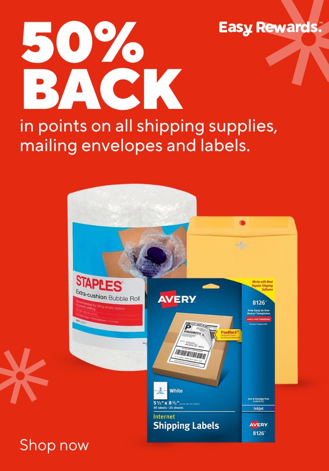 50% BACK in points on all shipping supplies, mailing envelopes and labels
