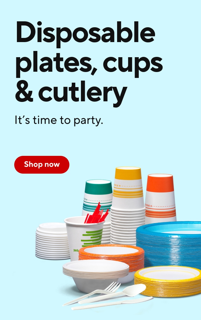Disposable plates, cups & cutlery. It’s time to party. Shop now