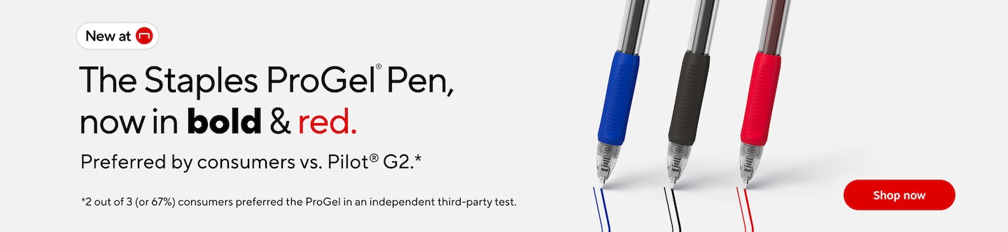 New at Staples. The Staples ProGel Pen, now in bold and red. Preferred by consumers vs. Pilot G2. 2 out of 3 (or 67%) of consumers preferred the ProGel in an independent third party test. Shop now.