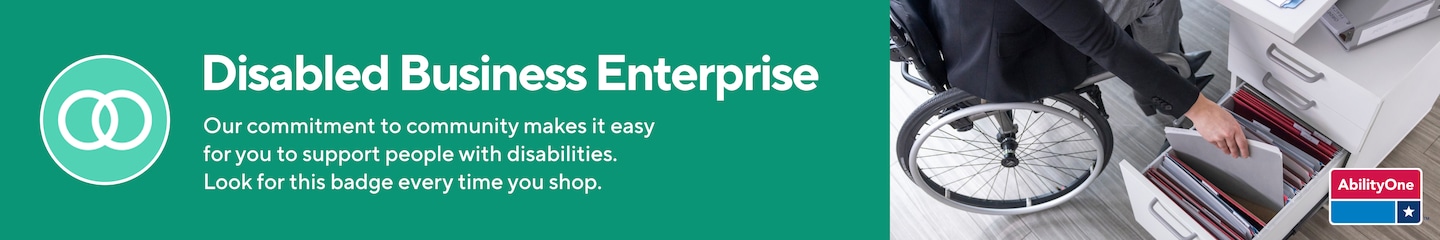 Disabled Business Enterprise. Our commitment to community makes it easy for you to support people with disabilities. Look for this badge every time you shop. AbilityOne Badge.