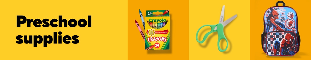 Preschool Supplies. Crayons, Scissors, Spiderman Backpack.